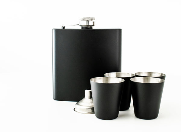 Black Stainless Steel 6oz Hip Flask with Funnel and 4 Cups in a Presentation Box