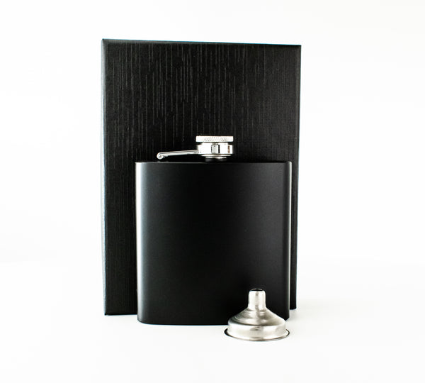 Black 6oz Hip Flask with Funnel and Satin Lined Gift Box