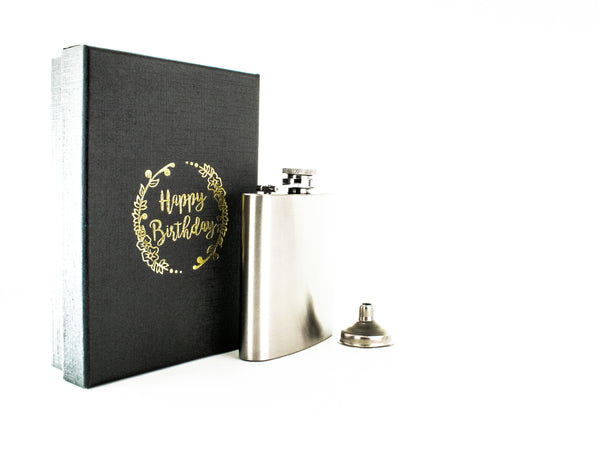 6oz Hip Flask with Funnel and Gift Box - Happy Birthday Printed Lid