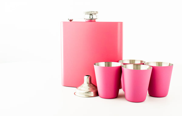 Pink 6oz Hip Flask in a Gift Box with Funnel and Cups
