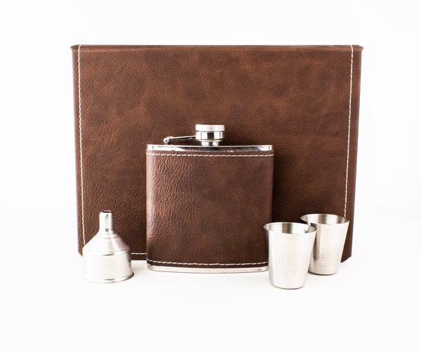 Brown Leather Hip Flask Gift Set - Happy Birthday Style 1