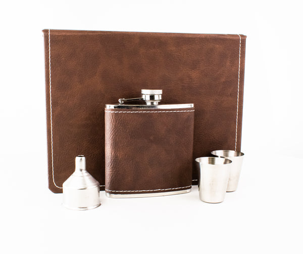 Brown Leather Hip Flask Gift Set - Your Text Here