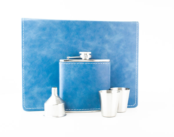 Blue Leather Hip Flask Gift Set - Wedding Flourishes Design