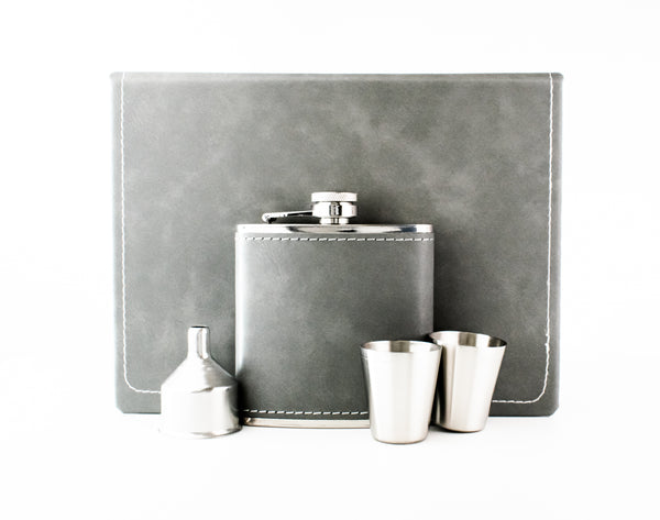 Grey Leather Hip Flask Gift Set - Boxed Name