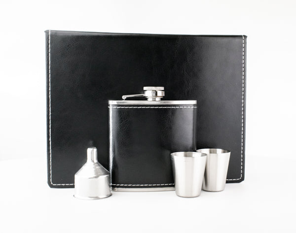 Black Leather Hip Flask Gift Set - Monogram Design