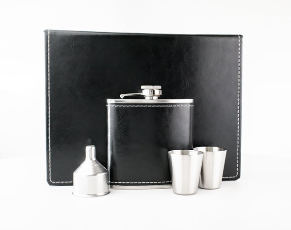 Black Leather Hip Flask Gift Set - Boxed Name