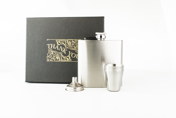 6oz Hip Flask in Gift Box with Funnel and Cups with a printed Thank You lid