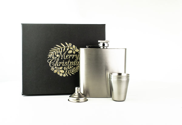 Merry Christmas 6oz Hip Flask in Gift Box with Funnel and Cups